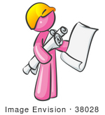 #38028 Clip Art Graphic Of A Pink Guy Character Holding Blueprints