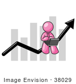 #38029 Clip Art Graphic Of A Pink Guy Character Using A Laptop On A Bar Graph