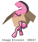 #38031 Clip Art Graphic Of A Pink Guy Character Carrying A Box Of Questions