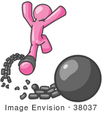 #38037 Clip Art Graphic Of A Pink Guy Character Breaking Free From A Ball And Chain