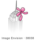 #38038 Clip Art Graphic Of A Pink Guy Character On A Skyscraper