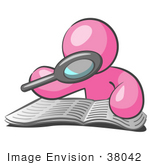 #38042 Clip Art Graphic Of A Pink Guy Character Reading With A Magnifying Glass