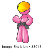 #38043 Clip Art Graphic Of A Pink Guy Character Wearing A Hard Hat And Tool Belt