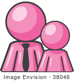 #38046 Clip Art Graphic Of A Pink Guy Character With A Child