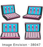 #38047 Clip Art Graphic Of A Pink Guy Character On Laptop Screens