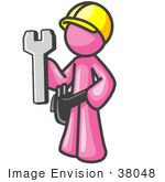 #38048 Clip Art Graphic Of A Pink Guy Character Holding A Wrench