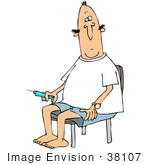 #38107 Clip Art Graphic Of A Caucasian Man With Diabetes Preparing To Give Himself An Insulin Shot In His Leg