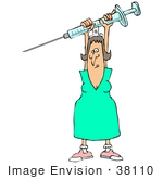 #38110 Clip Art Graphic Of A Caucasian Female Nurse Carrying A Giant Needle And Syringe