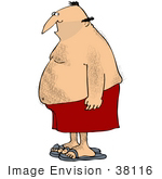#38116 Clip Art Graphic Of A Hairy Caucasian Man In Red Swim Shorts