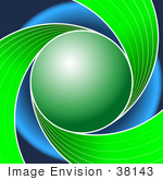 #38143 Clip Art Graphic Of A Green Circle With Spirals Over A Blue Background Symbolizing Ecology And Recycle