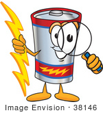 #38146 Clip Art Graphic Of A Battery Mascot Character Holding A Bolt Of Energy And Looking Through A Magnifying Glass