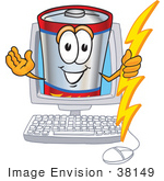#38149 Clip Art Graphic Of A Battery Mascot Character Holding A Bolt Of Energy And Waving In A Computer Screen