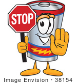 #38154 Clip Art Graphic Of A Battery Mascot Character Holding A Stop Sign