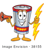 #38155 Clip Art Graphic Of A Battery Mascot Character Holding A Bolt Of Energy And Megaphone