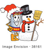 #38161 Clip Art Graphic Of A Battery Mascot Character Wearing A Santa Hat And Posing With A Snowman On Christmas
