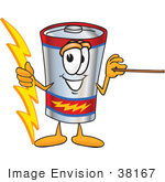#38167 Clip Art Graphic Of A Battery Mascot Character Holding A Bolt Of Energy And A Pointer Stick