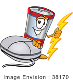 #38170 Clip Art Graphic Of A Battery Mascot Character With A Computer Mouse