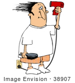 #38907 Clip Art Graphic Of A Caucasian Man Blow Drying His Hair
