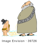 #39726 Clip Art Graphic Of An Old Year Man Looking Down At A New Year Baby While Writing With His Urine
