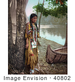 #40802 Stock Photo Of A Young Native American Indian Girl Leaning Against A Tree Near A Boat On A River Bank A Personification Of Minnehaha 1904