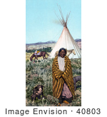 #40803 Stock Photo of a Crow Native American Indian Man Draped In A Blanket, Standing With His Dogs Near A Tipi And Horses On The Great Plains, Taken In 1902 by JVPD
