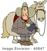 #40847 Clip Art Graphic Of A Cowboy Standing By His Horse And Pouring Himself A Cup Of Hot Coffee