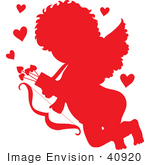 #40920 Clip Art Grapic Of Cupid Flying With Hearts Arrows And A Bow Silhouetted In Red