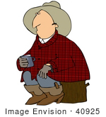 #40925 Clip Art Graphic Of A Groggy Cowboy Sitting On A Log And Holding A Cup Of Coffee