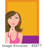 #40977 Clip Art Graphic Of A Beautiful Brunette Caucasian Woman In Thought Over A Purple And Orange Background