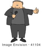 #41104 Clip Art Graphic Of A Caucasian Host Announcing A Guest On A Tv Show Holding A Mic