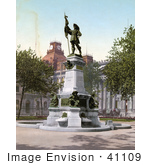 #41109 Stock Photo Of The Statue Of Paul Chomedey Created By Artist Louis-Philippe Hebert With Lambert Closse And His Dog On The Base In Place D’Armes In Montreal Quebec Canada