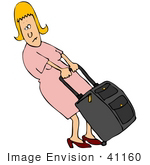 #41160 Clip Art Graphic Of A Blond Caucasian Woman Trying To Budge A Heavy Rolling Suitcase