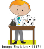 #41174 Clip Art Graphic Of A Red Haired Male Caucasian Veterinarian  Treating An Injured Puppy