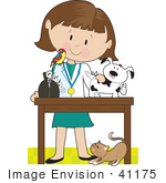 #41175 Clip Art Graphic Of A Female Caucasian Veterinarian With A Cat At Her Feet And A Bird On Her Shoulder Treating An Injured Puppy