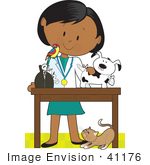 #41176 Clip Art Graphic Of A Female Latina Or African American Veterinarian With A Cat At Her Feet And A Bird On Her Shoulder Treating An Injured Puppy