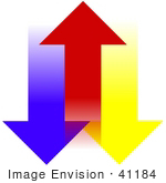 #41184 Clip Art Graphic Of Blue And Yellow Arrows Pointing Down On The Sides Of A Red Arrow Pointing Up