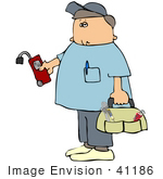 #41186 Clip Art Graphic Of A Gas Utility Technician Carrying A Tool Bag And Checking For Leakage With A Meter