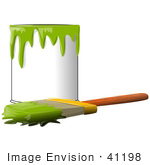 #41198 Clip Art Graphic Of A Paintbrush Beside A Dripping Can Of Green Paint