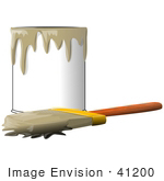 #41200 Clip Art Graphic Of A Paintbrush Beside A Dripping Can Of Tan Paint