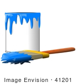 #41201 Clip Art Graphic Of A Paintbrush Beside A Dripping Can Of Blue Paint