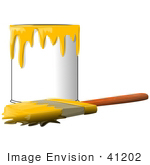 #41202 Clip Art Graphic Of A Paintbrush Beside A Dripping Can Of Yellow Paint