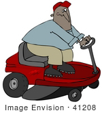#41208 Clip Art Graphic Of An African American Man Racing Around On A Red Riding Lawn Mower