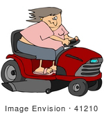 #41210 Clip Art Graphic Of A Woman Racing Around On A Red Riding Lawn Mower
