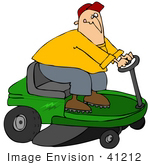 #41212 Clip Art Graphic Of A Caucasian Man Biting His Lip And Racing A Green Riding Lawn Mower