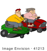 #41213 Clip Art Graphic Of A Caucasian Man And Woman Racing Each Other On Riding Lawn Mowers