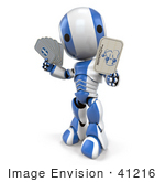#41216 Clip Art Graphic Of A 3d Blue And White Robot Holding Out A Joker Card With Other Playing Cards In His Other Hand
