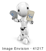 #41217 Clip Art Graphic Of A 3d Silver And White Robot Holding Out A Joker Card With Other Playing Cards In His Other Hand