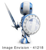 #41218 Clip Art Graphic Of A 3d Blue And White Robot With A Sword And Shield