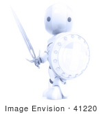 #41220 Clip Art Graphic Of A 3d Glowing Robot With A Sword And Shield