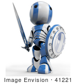 #41221 Clip Art Graphic Of A 3d Blue And White Robot Looking Up And Away While Standing With With A Sword And Shield